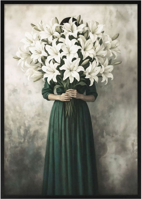 Lilies in Bloom by Annika Persson - a woman in a dark green dress holding an armful of white lilies