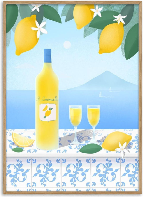 Bottle of Limoncello with two filled glasses, lemons, and coastal scenery in the background.