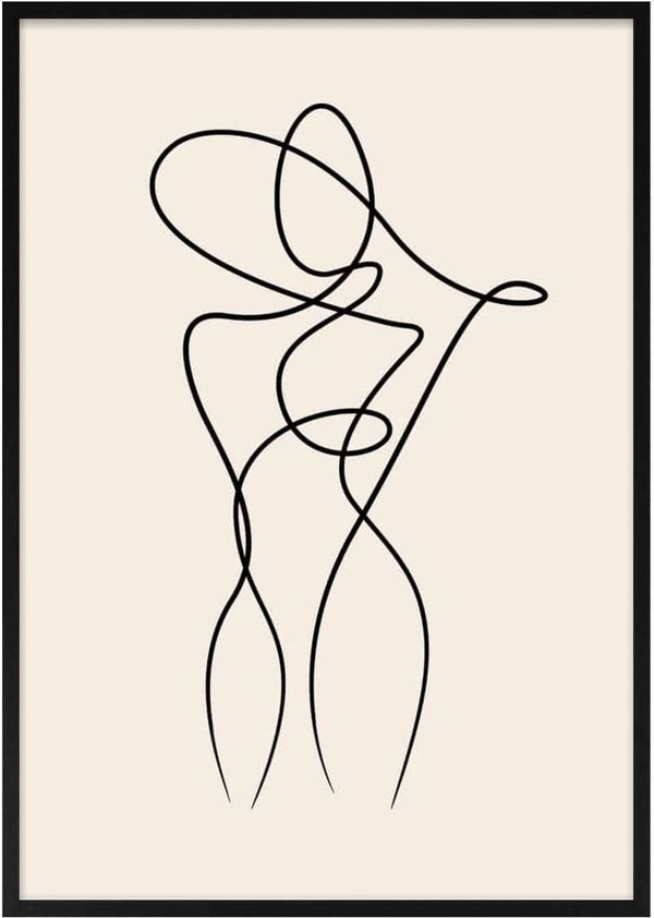 Minimalist line art poster depicting the abstract form of a woman in black on a beige background.