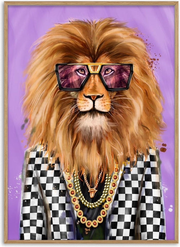 Stylish lion in checkered jacket, gold chains, and sunglasses on a purple background for Lion Dior Plakat.