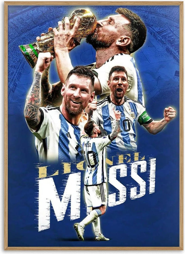 Lionel Messi football poster featuring him celebrating and holding the World Cup trophy in Argentina jersey.