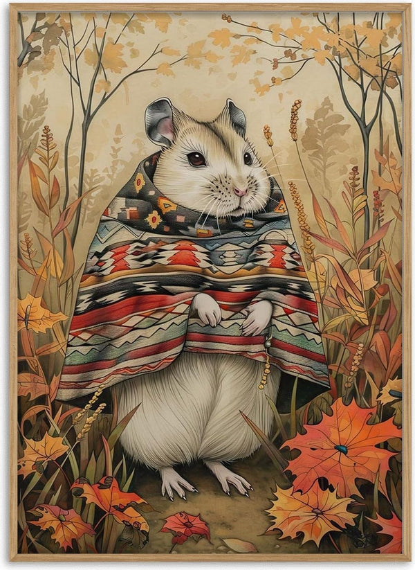 A cute mouse wearing a patterned poncho stands among autumn leaves and tall grass.