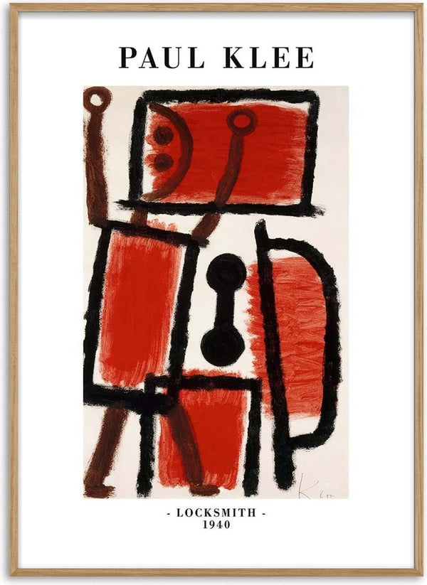 Abstract artwork by Paul Klee titled "Locksmith" (1940), featuring bold geometric shapes in red and black.