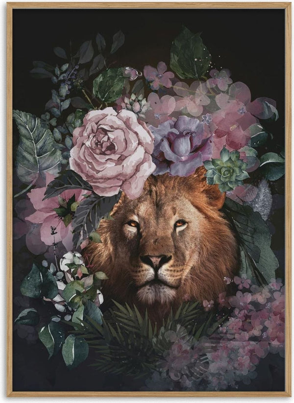Illustration of a lion's head surrounded by colorful flowers, featured on the Løve med blomster poster.