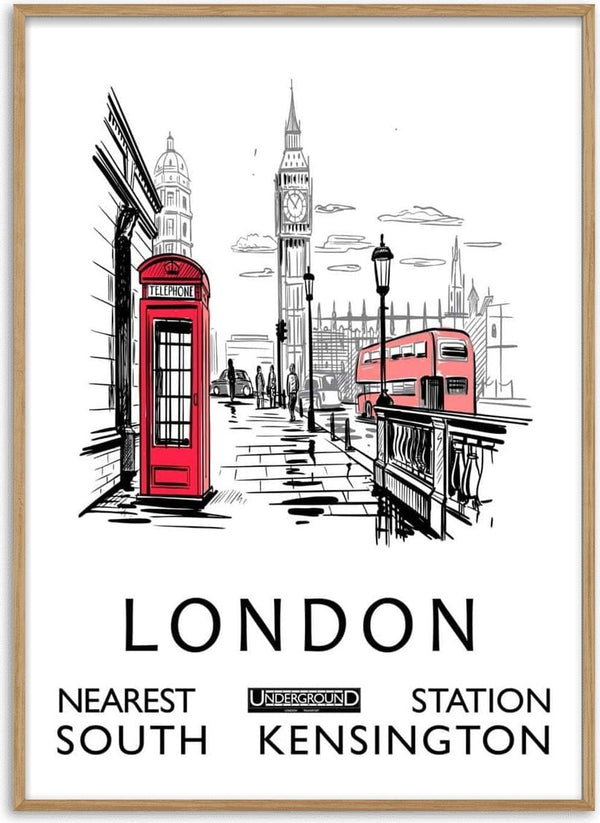 Illustration of London with Big Ben, a red phone booth, double-decker bus, and South Kensington station info.