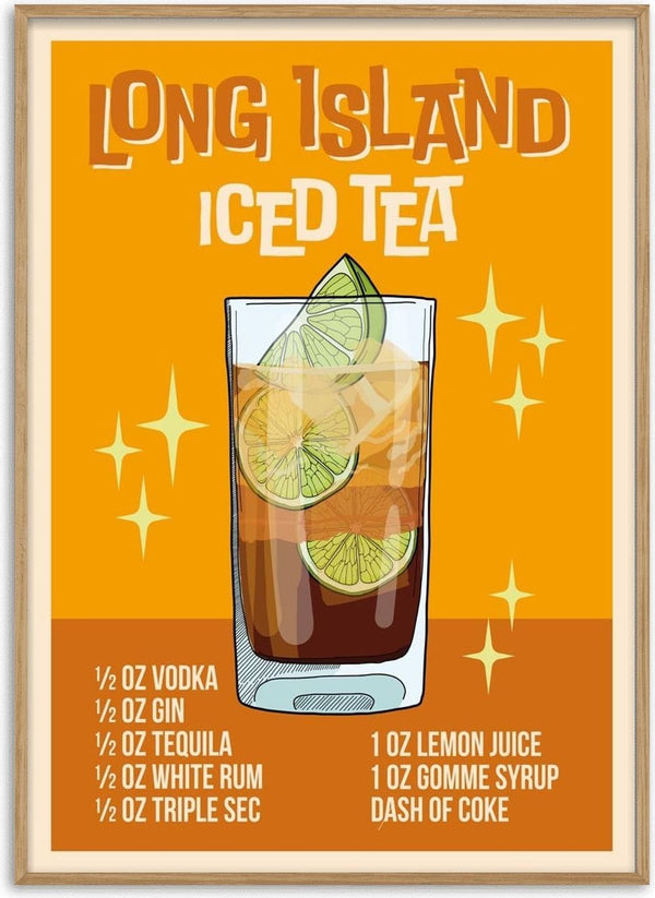 Illustrated Long Island Iced Tea wallchart with recipe, showing a cocktail glass with lime slices.