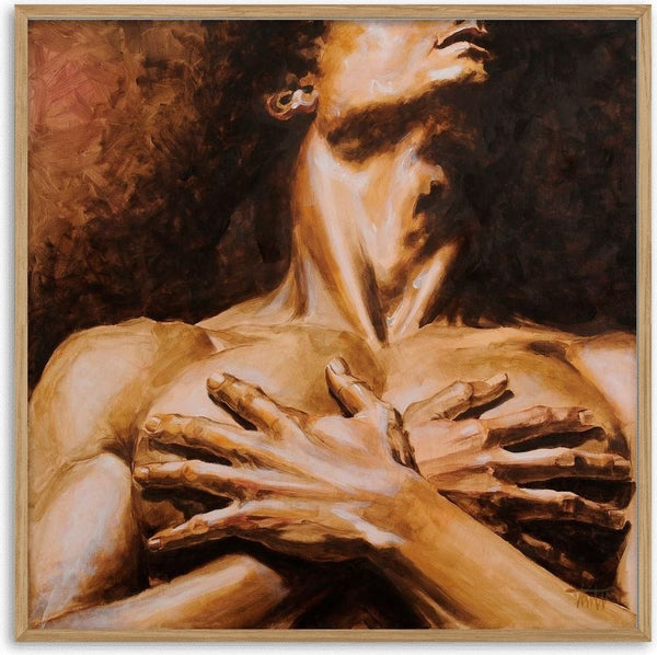 Longing by VanW - four spread hands crossed over a lit chest and throat against brown and near black