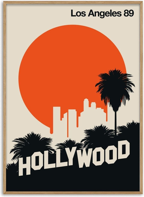 Los Angeles 89 by Bo Lundberg - black palm trees and the Hollywood sign against a large orange sun