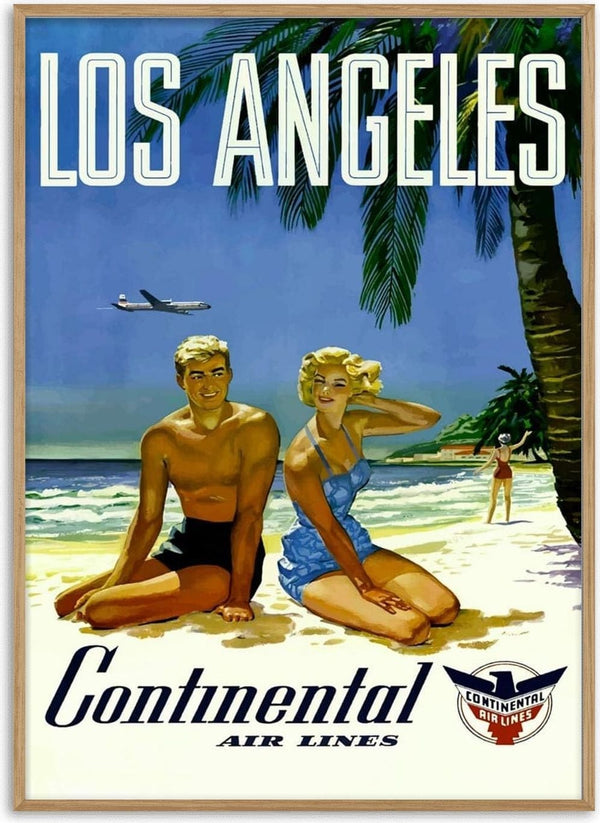 Vintage poster of a man and woman on a Los Angeles beach with palm trees, airplane, and Continental Air Lines logo.