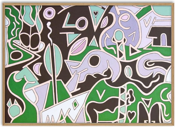 Love is All by Andreas Pohle - flat shapes in green, lilac and dark brown around the word LOVE
