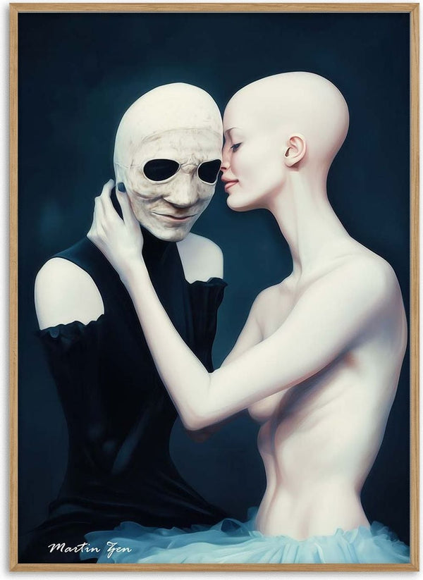 Surreal art of two figures embracing; one wears a mask, the other gently touches their face. Lovers by Nature - Martin Zen.