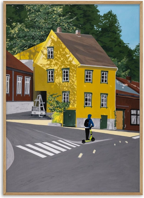 Low sun forever by Jaron Su - yellow house on an Oslo street corner in low sun