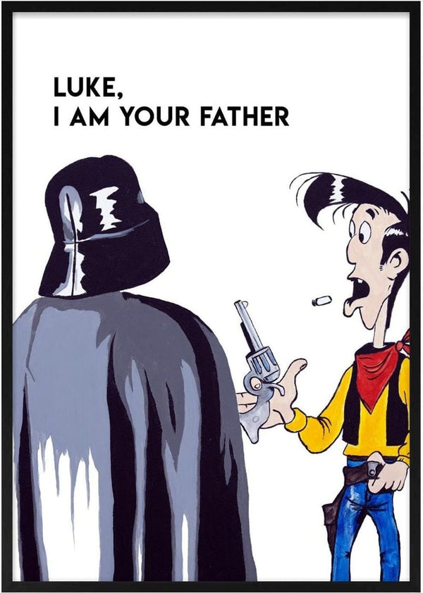 Cartoon of Darth Vader saying "Luke, I am your father" to a surprised cowboy holding a revolver.