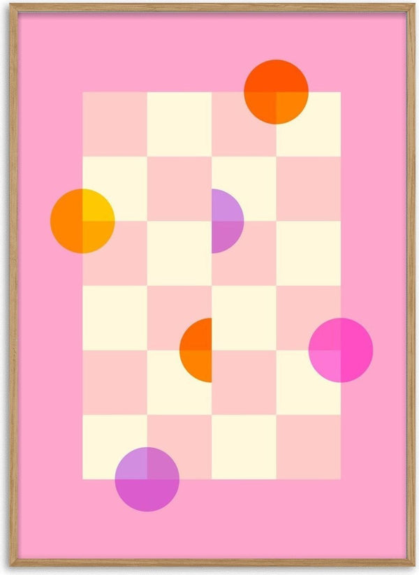 Lunar Play by Nanna Paavig, a cream and pale pink checkerboard poster with orange, purple and magenta circles on bubblegum pink