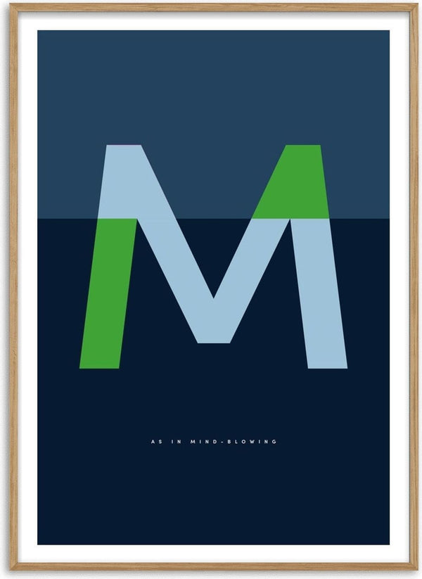 M as in Mind-blowing – Blue by Quite Nice Prints - a pale blue capital M with green strokes on navy