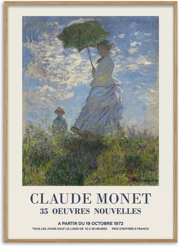Poster of Monet’s "Madame Monet and Her Son," depicting a woman with an umbrella standing beside her child outdoors.