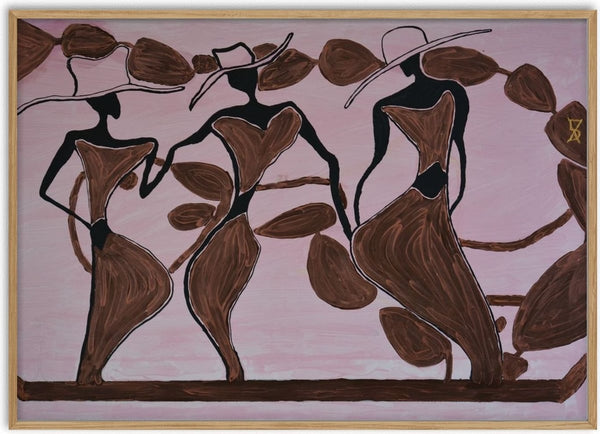 Madames by Ali Kasap - three tall women in brown and black with wide hats on pale pink