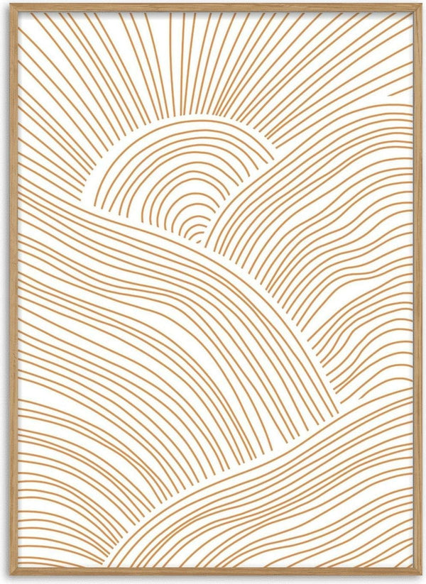 Abstract line art poster featuring curved golden lines forming a sun and rolling hills on a white background.