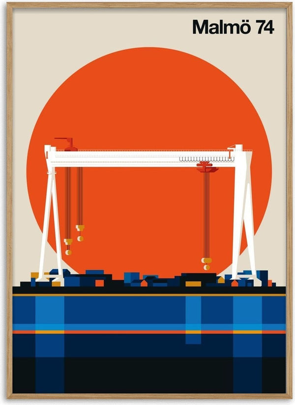Malmö 74 by Bo Lundberg - the Kockums gantry crane against a large orange sun over a blue harbour