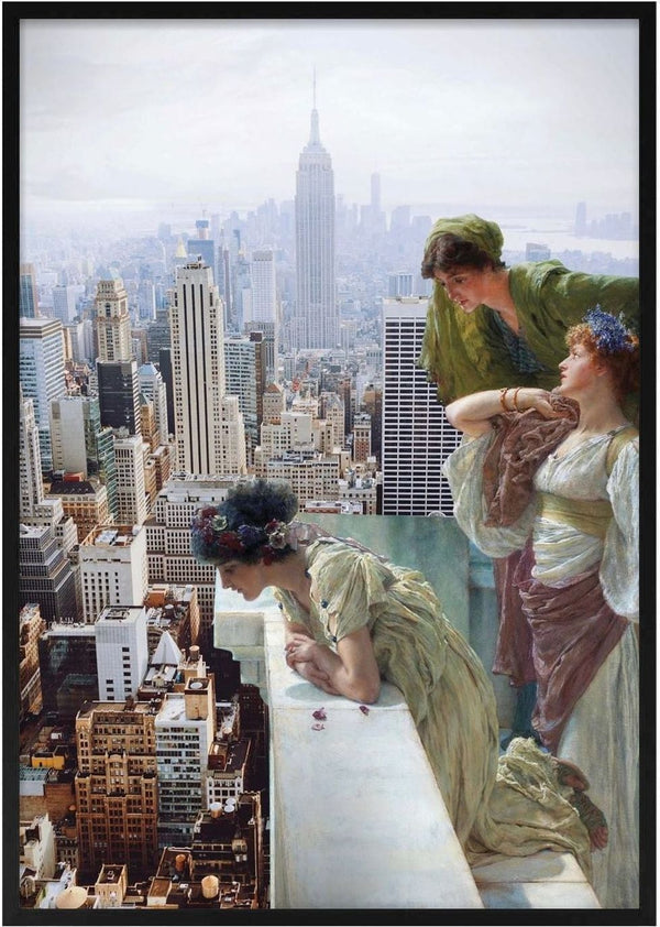 Manhattan View by Dikhotomy - three women in neoclassical gowns at a marble parapet looking out over the Manhattan skyline