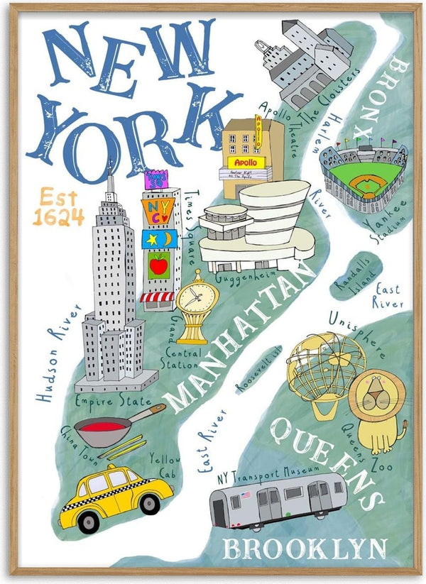 Illustrated map of New York City with landmarks and boroughs, featuring playful drawings by Carla Daly.