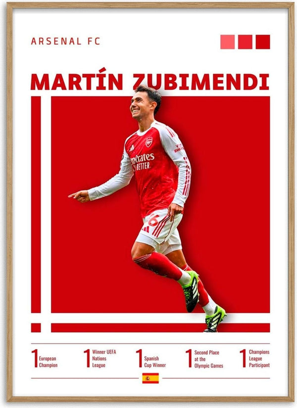Arsenal football poster featuring Martín Zubimendi in a red home kit, with career highlights listed below.