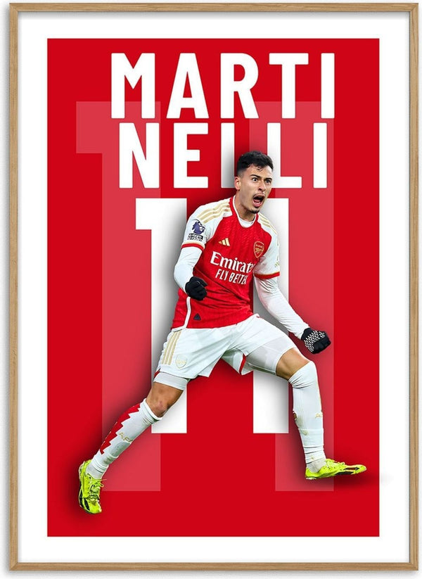 Poster of Martinelli in an Arsenal kit celebrating, with his name and number 11 in bold white text.