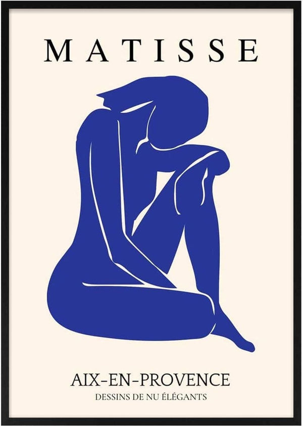 Minimalist blue cutout poster of a seated nude figure inspired by Matisse, with elegant typography.