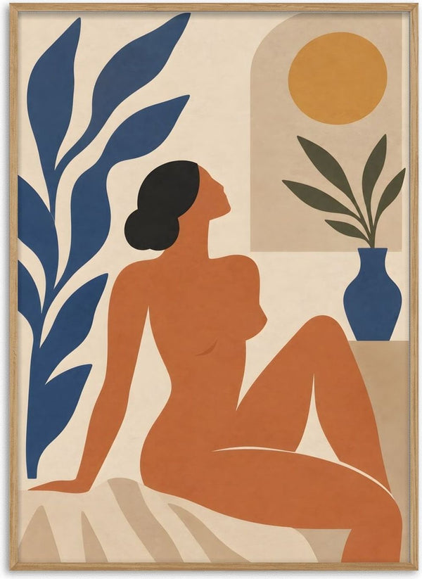 Matisse-Inspired Sunlit Muse by TimlessArtworks - a seated terracotta figure among blue leaves and a golden sun