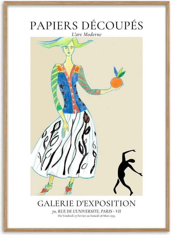 French art collage poster with colorful figure, abstract skirt, and orange fruit, inspired by modern Paris galleries.