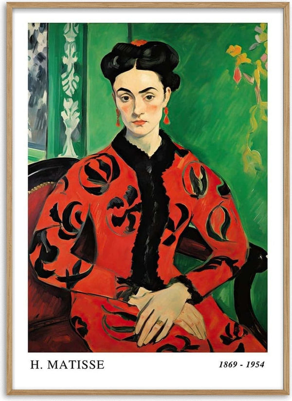 Portrait of a woman in a red and black dress, seated, with green background. Artwork by Henri Matisse.