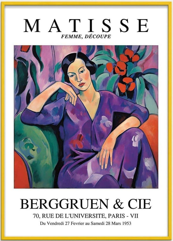 Poster of Matisse Purple Madame artwork, featuring a woman in a purple dress seated among vibrant foliage.