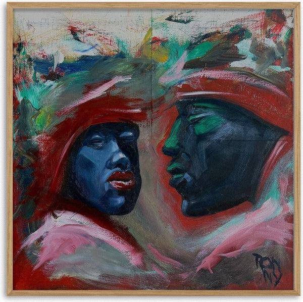 Meeting in Red by Ronny Simon - two faces in profile under red caps, one blue and one green