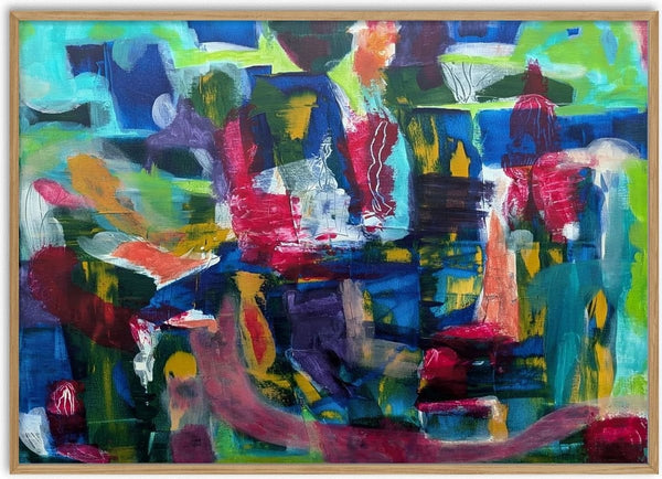 Melange by Janet Bell - an abstract painting of blue and green blocks cut through by magenta and orange