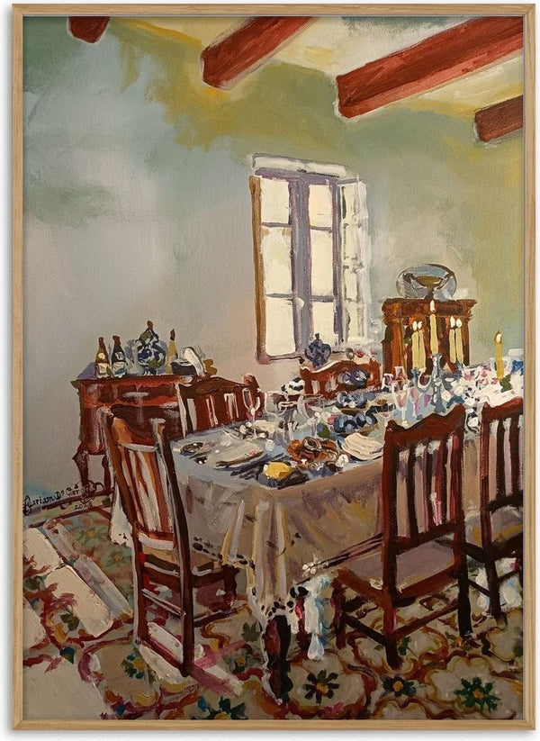 Memory of a Christmas Day lunch by Mariam De Giorgio - Christmas dining table with lace cloth and candles under red beams