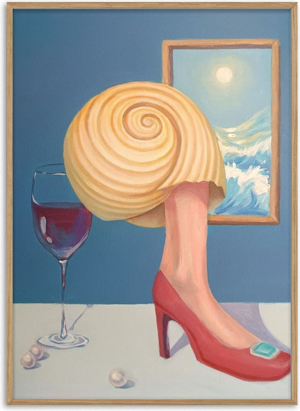 Memory of a conch girl by NeReid - golden spiral shell on a leg in a red high heel beside red wine and pearls
