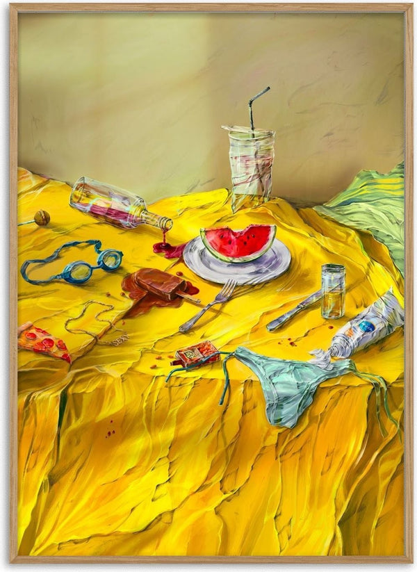 Messy Summer Indulgence by Natascha Baumgärtner – watermelon, melting ice lolly and swimming goggles on a yellow tablecloth