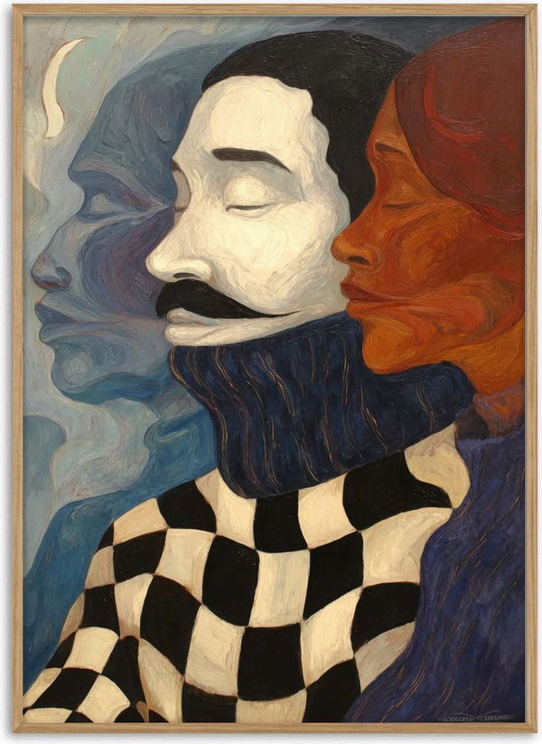Abstract art of two serene faces, one with a checkerboard shirt, featured on "Mind Your Business - Martin Zen" product page.