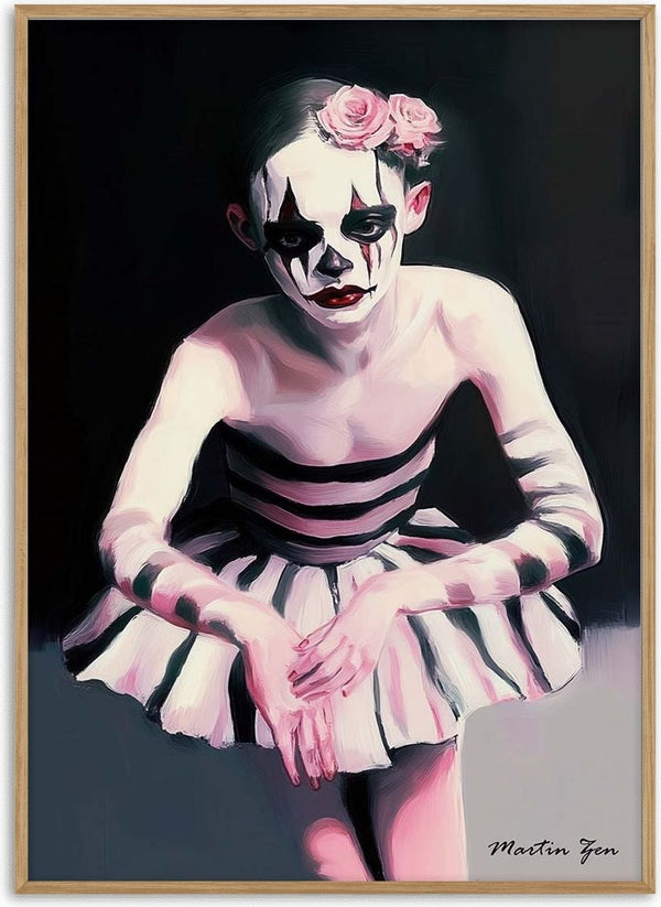Painting of a ballerina in striped tutu and clown makeup, with pink roses on her head, by Martin Zen.