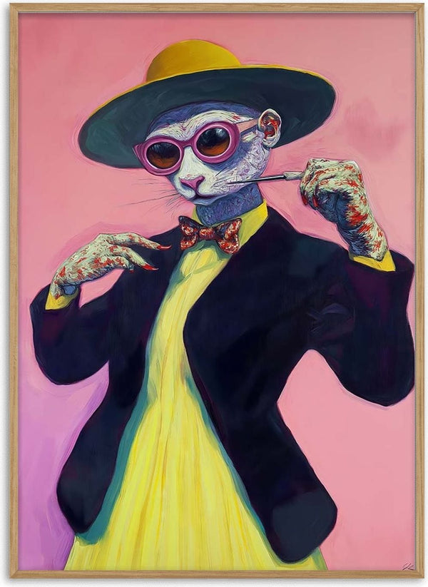 Stylish cat in sunglasses, yellow dress, and hat posing confidently on Miss Cat - Martin Zen product page.
