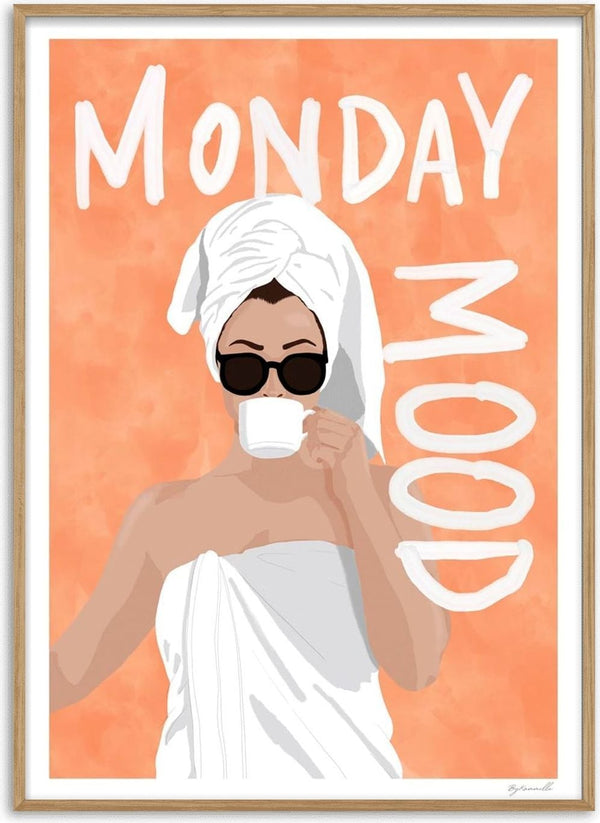 Illustration of a woman in a towel and sunglasses drinking coffee with "Monday Mood" text on an orange background.