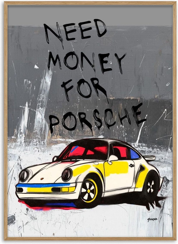 Artwork of a white Porsche with graffiti-style text reading "Need Money for Porsche" on product page for Ricardo Noble.