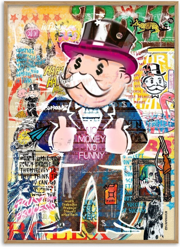 Colorful graffiti-style artwork of the Monopoly mascot with “No Money, No Funny” on his chest.