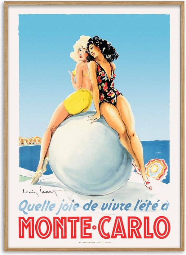 Vintage Monte Carlo poster with two women in swimsuits sitting on a sphere by the sea, bright summer colors.