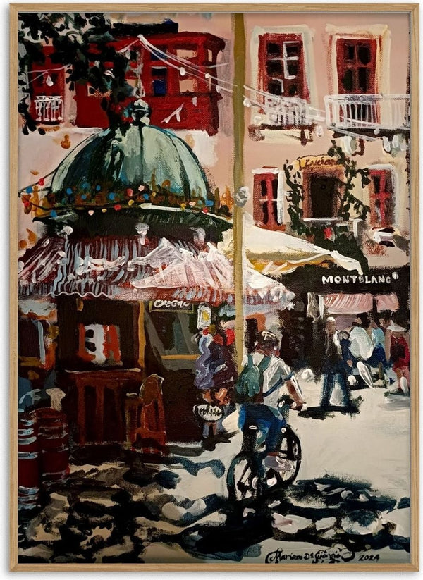 Morning errand in Valletta by Mariam De Giorgio - sunny Valletta street with a green-domed kiosk and a cyclist