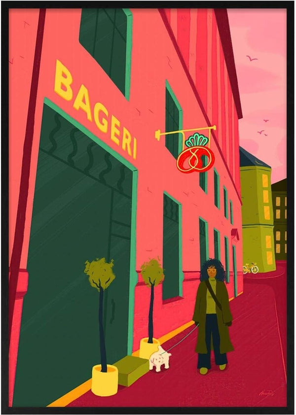 Illustration of a person with a dog outside a pink bakery, titled "Morning Mood - Nanna Paavig."