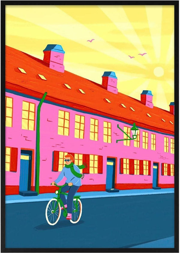 Colorful illustration of a person cycling past bright pink Nyboder houses under a sunny morning sky.