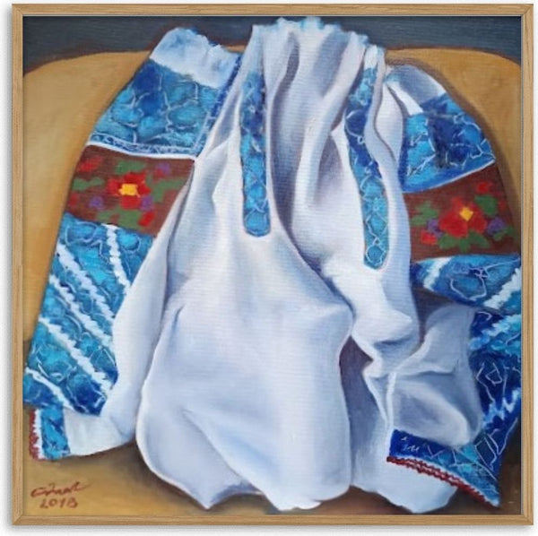 Mother's Blouse by Cristina Iacob - an embroidered white linen blouse with turquoise needlework on ochre