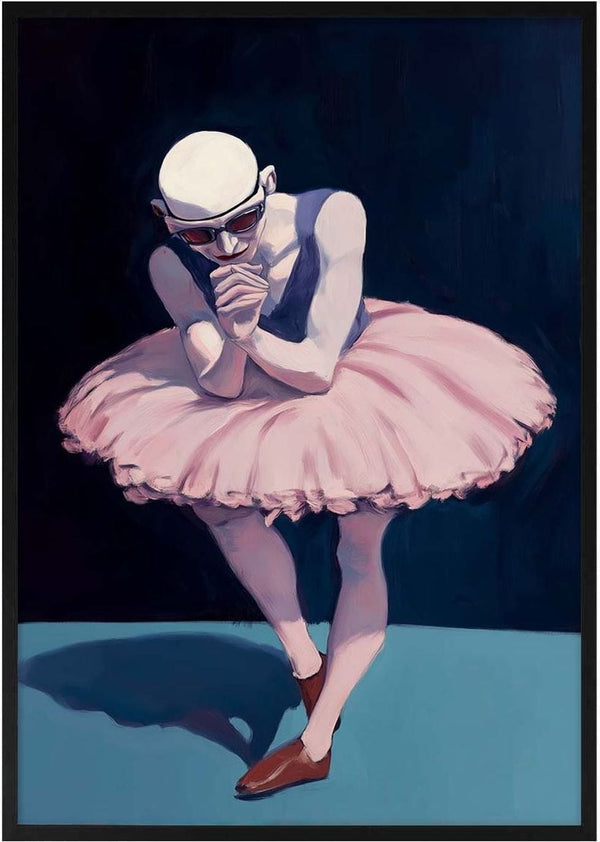 A male ballet dancer in a pink tutu and brown shoes stands poised under dramatic lighting.