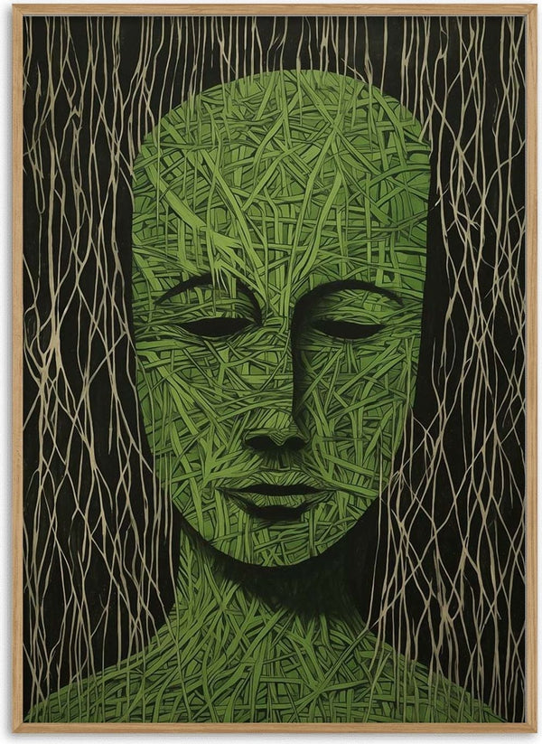Abstract green human face made of interwoven lines, eyes closed, with vertical strands in the background.